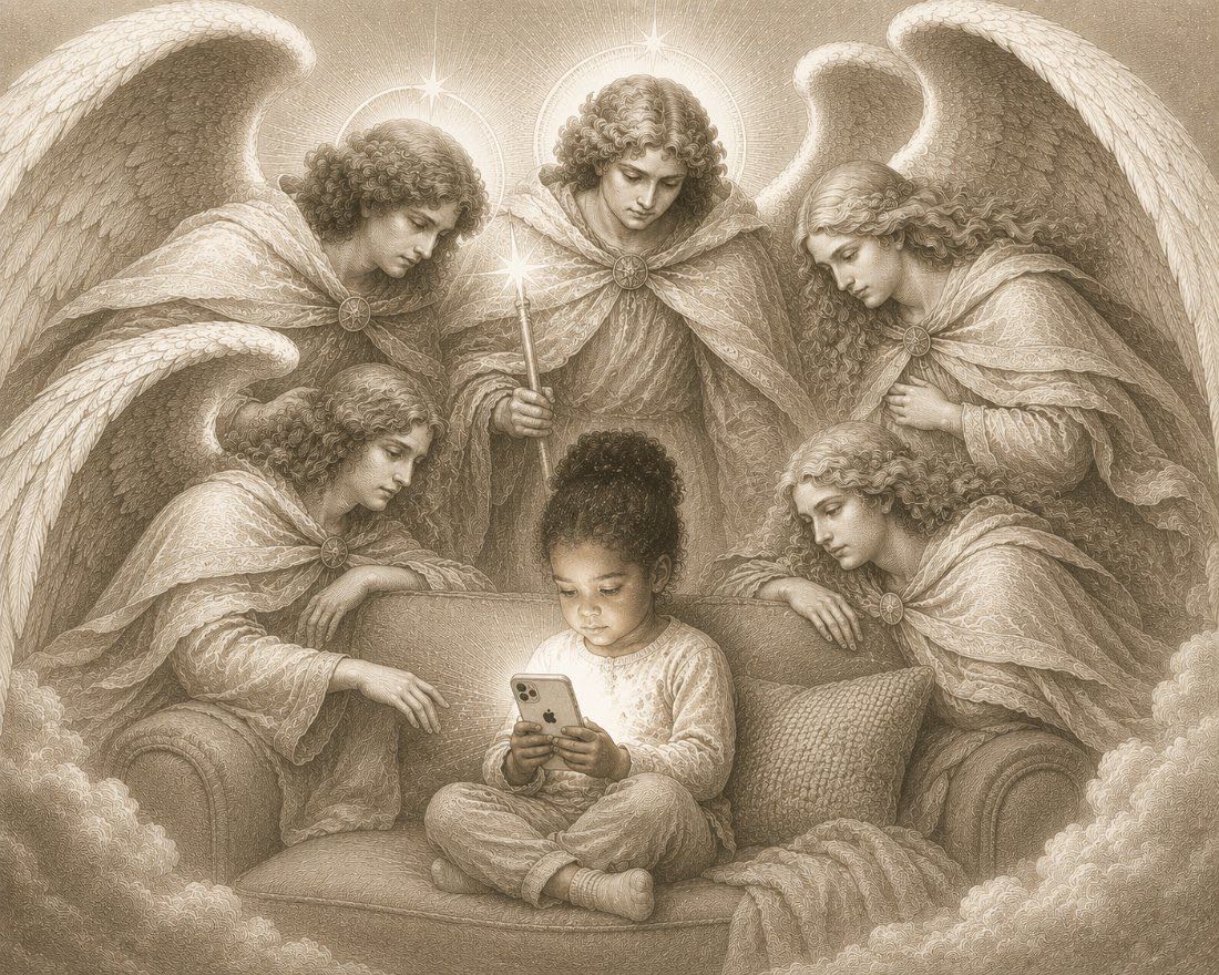 Guardian angels watching over a child on a screen